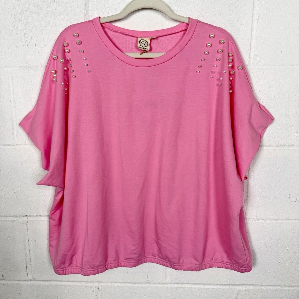 Grace & Emma‎ Women's Top Plus Size 3XL Terry Pink Pearl Embellished Soft Girl